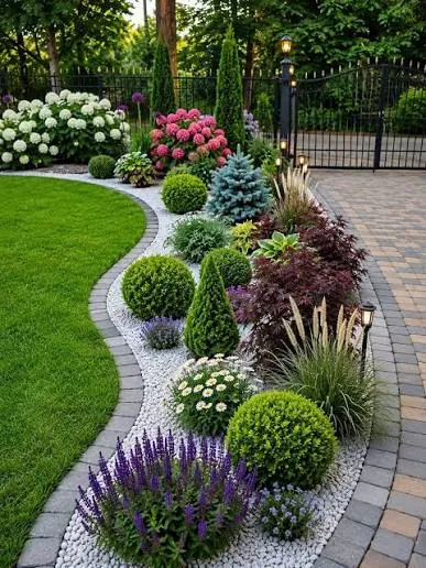 Bordură curbată cu buxus, lavandă, hortensii și pietriș alb lângă gazon
