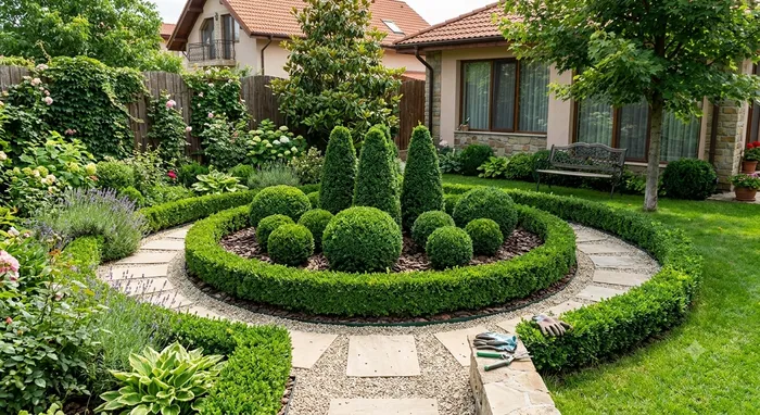 Rond de grădină cu buxus tuns în sfere și conuri, bordură vie circulară și mulci decorativ