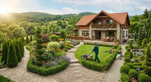 Grădina unei pensiuni la munte: grădinar tunzând gazonul, borduri de buxus, rabate cu flori și conifere tunse